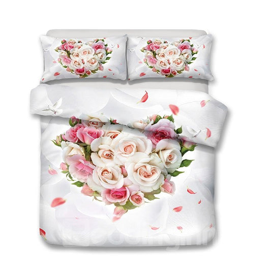 Pink Roses And Champagne Roses In A Heart Shape Printed 3-Piece Bedding Sets/Duvet Covers