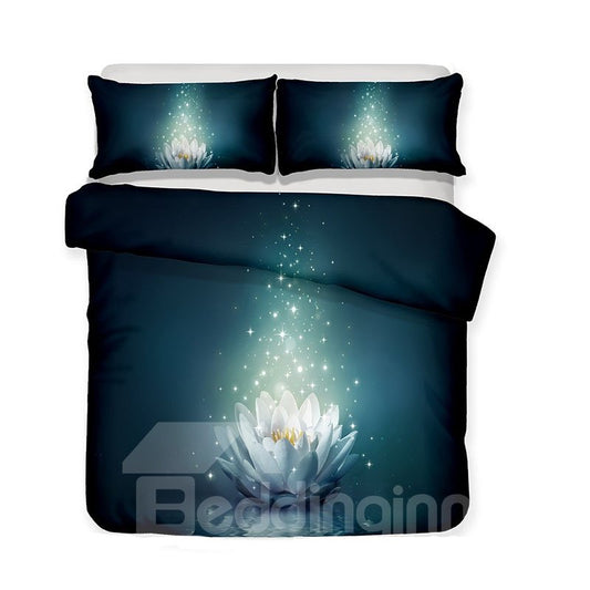 Weißer Lotus auf dem dunkelgrünen See, bedruckte 3-teilige Bettwäsche-Sets/Bettbezüge 