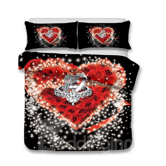Anillos de pareja en la rosa en forma de corazón Impreso Juegos de cama de 3 piezas / Fundas nórdicas 