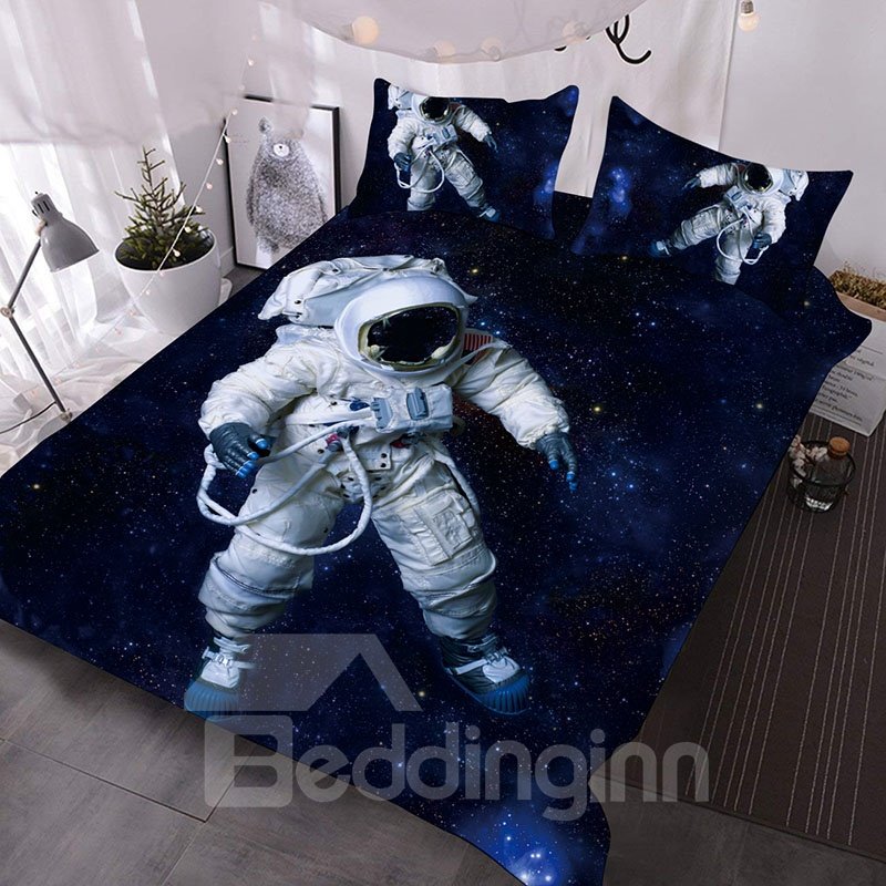 Astronauten in weißen Raumanzügen im Universum 3D-gedrucktes 3-teiliges Polyester-Bettdecken-Set/Bettwäsche-Set 