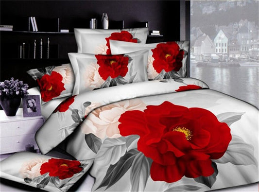 5-teilige Bettdecken-Sets mit 3D-Druck, roten und rosa Rosen 
