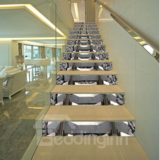 Murales de escalera ecológicos impermeables de PVC con impresión de vía de tren de piedra gris en 3D, 13 piezas