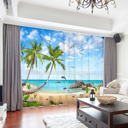 Decoración con estampado de árboles de coco, paisaje de playa moderno en 3D, 2 paneles, cortinas transparentes para sala de estar, tasa de sombreado del 30%, sin pelusas, sin decoloración, sin forro