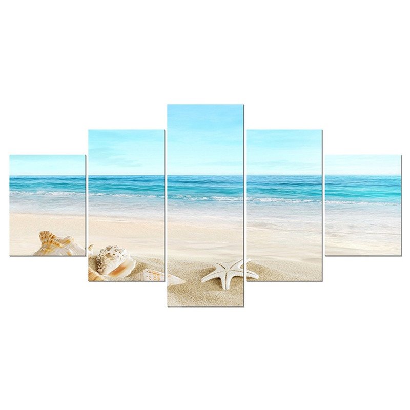 Blue Sea Conch and Starfish Hanging 5-Piece Canvas Eco-friendly and Waterproof Non-framed Prints