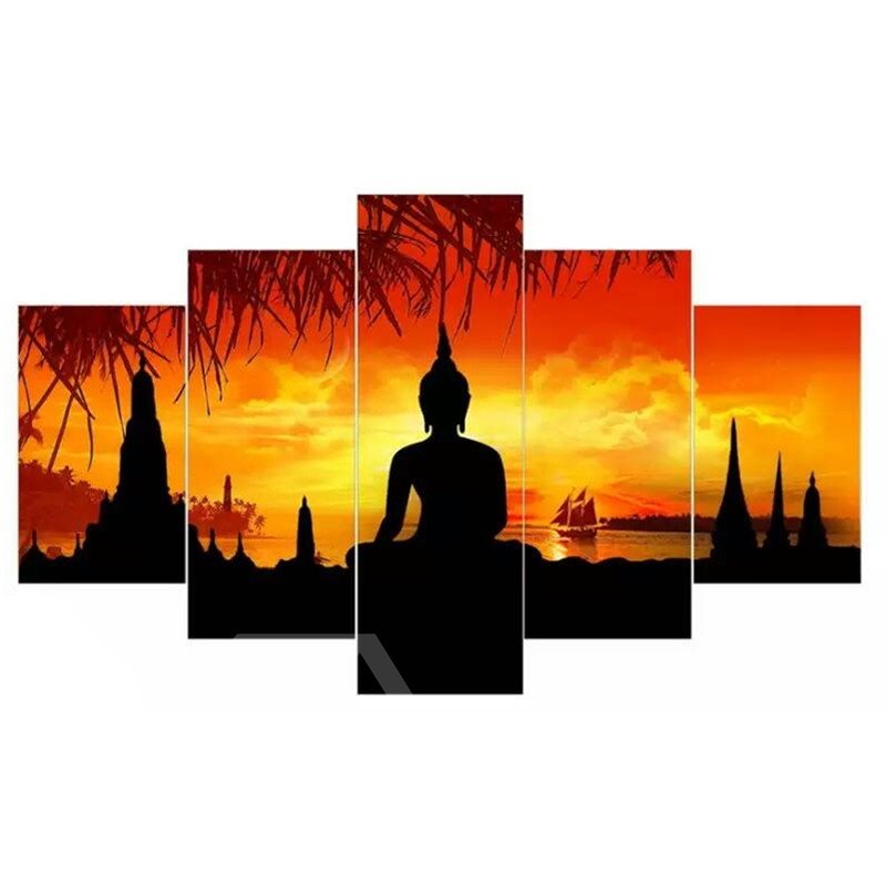 Buddha im Sonnenuntergangsmuster zum Aufhängen, 5-teilige Leinwand, umweltfreundliche und wasserfeste, nicht gerahmte Drucke
