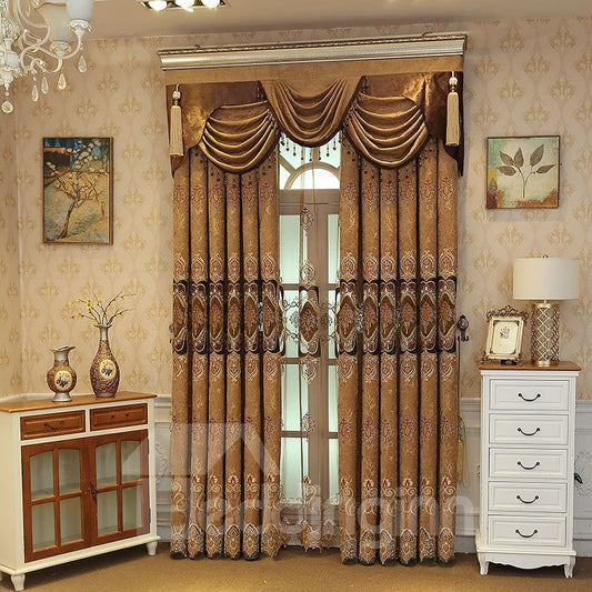 Luxury Coffee color Embroidered Floral Royal Style 2 Panels Custom Curtains