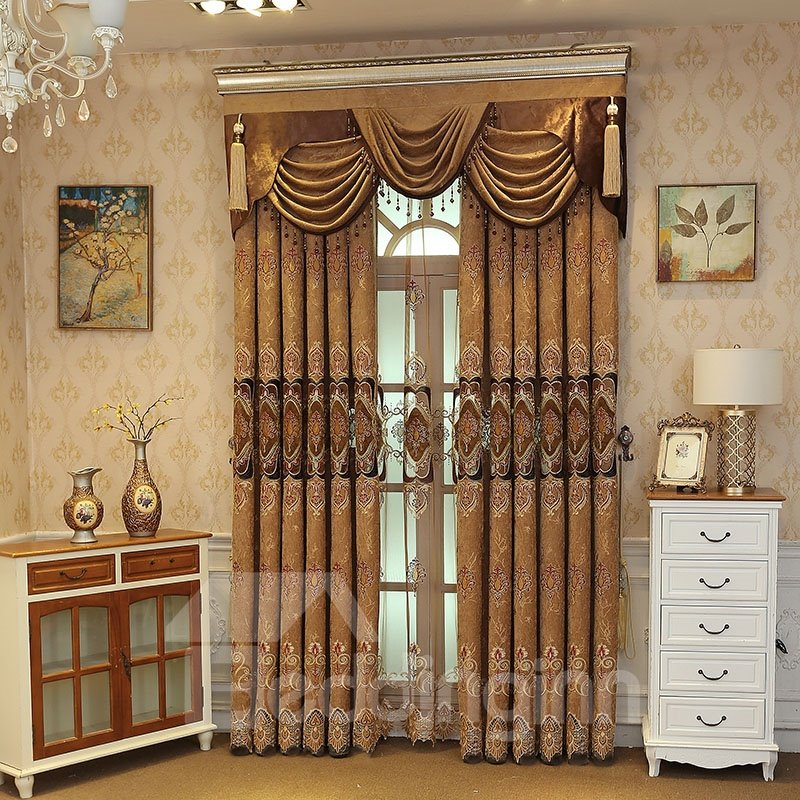 Luxury Coffee color Embroidered Floral Royal Style 2 Panels Custom Curtains
