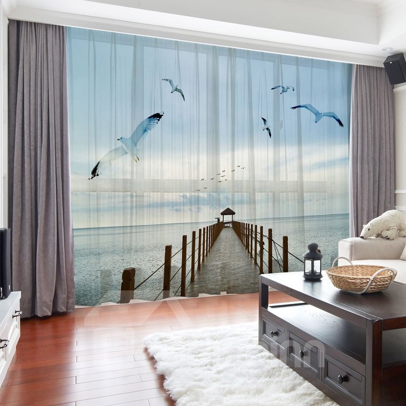 3D Sea gulls Blue Sky Sea Corridor Printed 2 Panels Custom Sheer
