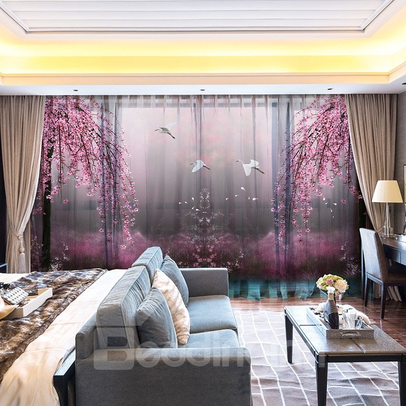 Flores de cerezo 3D Flying Crane Pink World Decorativo 2 paneles personalizados transparentes