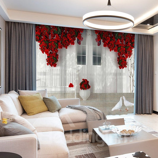 3D estilo europeo pared blanca rojo floral impreso decorativo 2 paneles personalizados transparentes respetuosos con el medio ambiente y duraderos cordones de pelo gruesos sin pelusas, sin decoloración, sin forro, lavable a máquina 