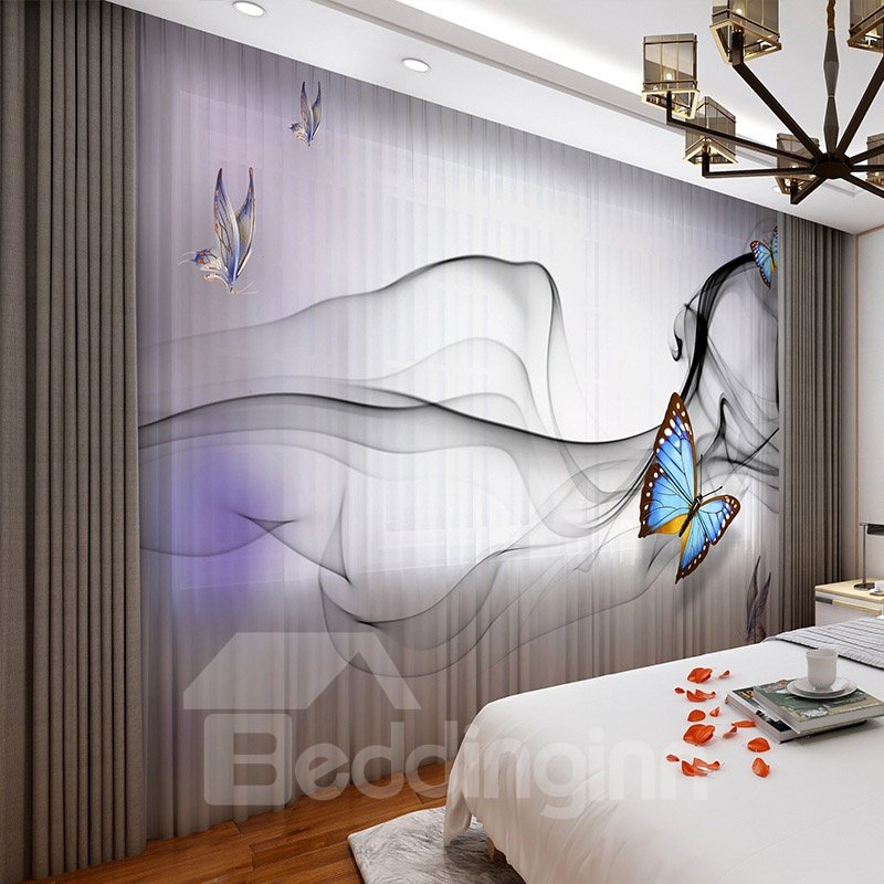Cortina transparente 3D, diseño conciso de mariposas coloridas, color morado claro, 2 paneles transparentes personalizados