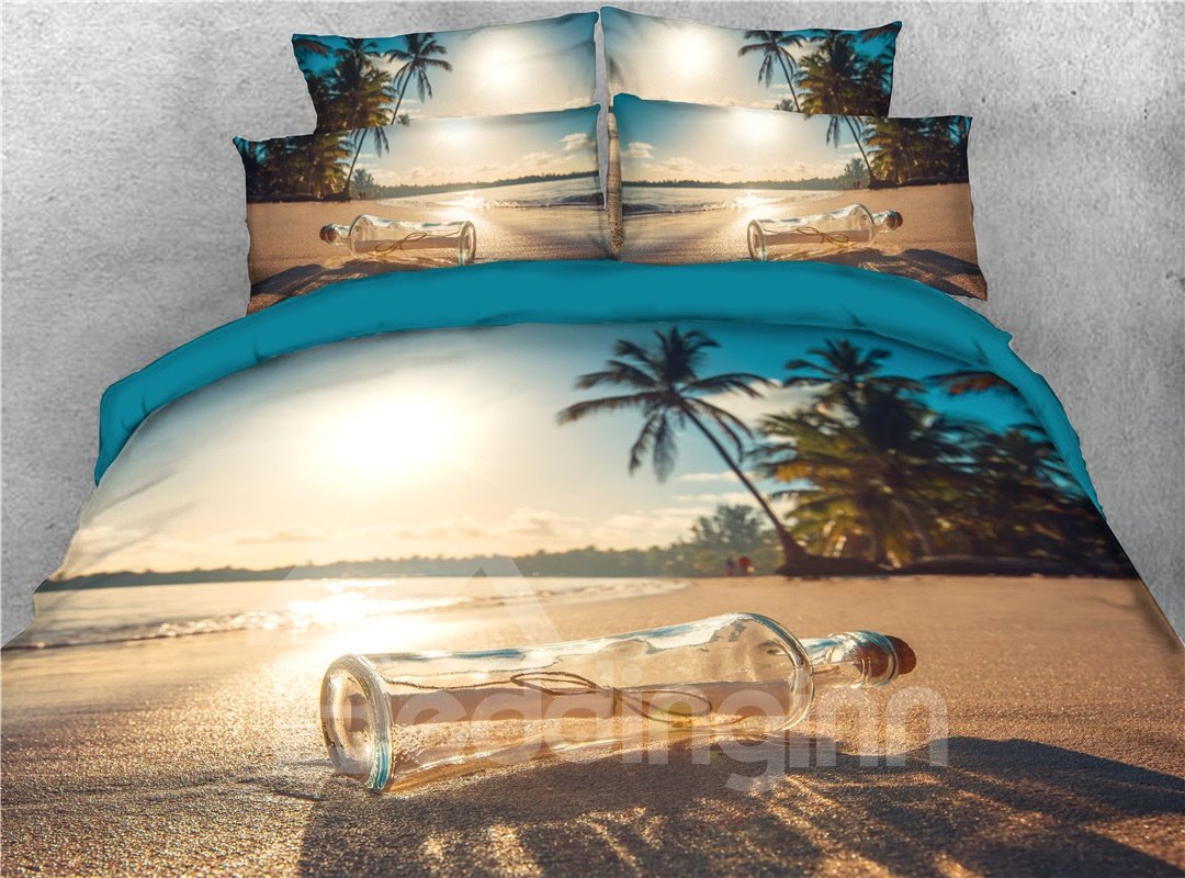 Juego de cama con estampado de botellas de vidrio en 3D en la playa Juego de edredón de 5 piezas que no destiñe, resistente al desgaste, microfibra ultrasuave que no se decolora, tamaño Queen King 