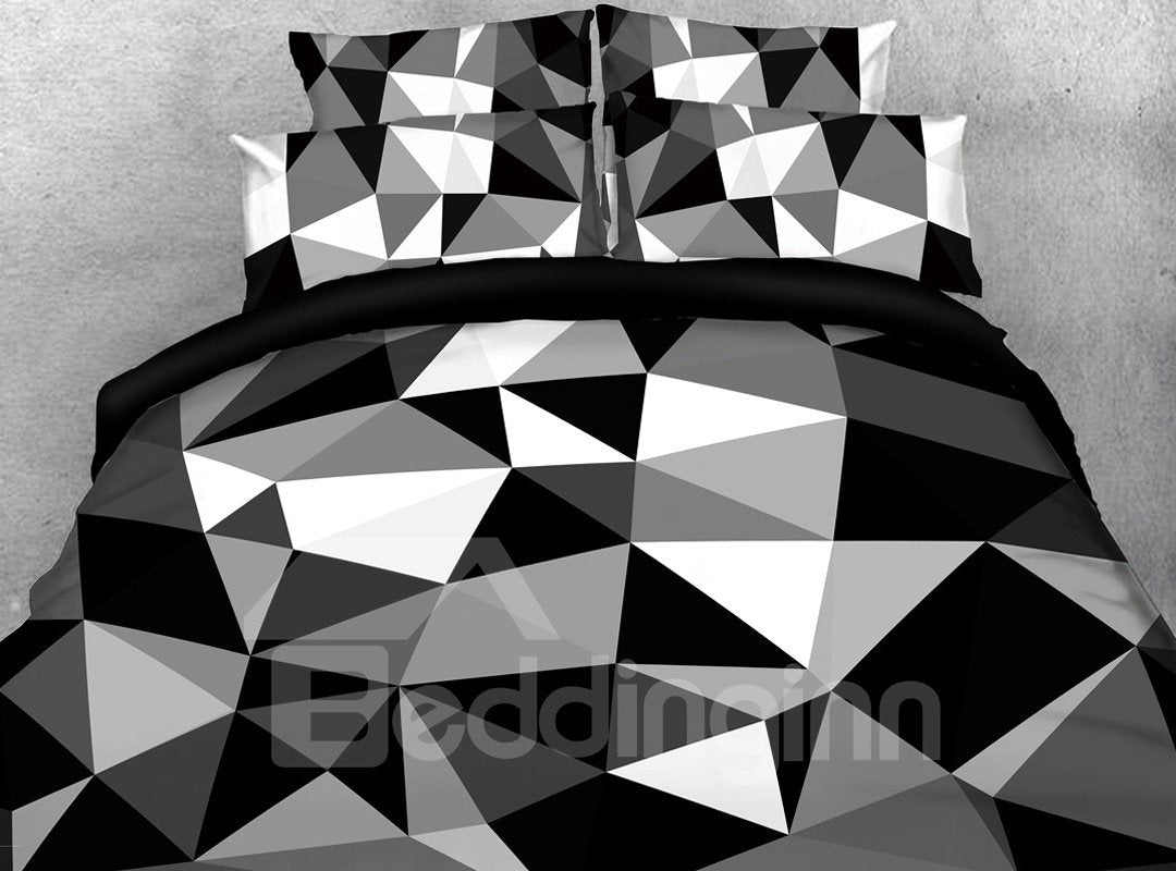 3D 5-Piece Comforter Set Lightweight/Warm/Microfiber Wrinkle/Fade Resistant Geometric Figure In Black White And Grey Bedding Set