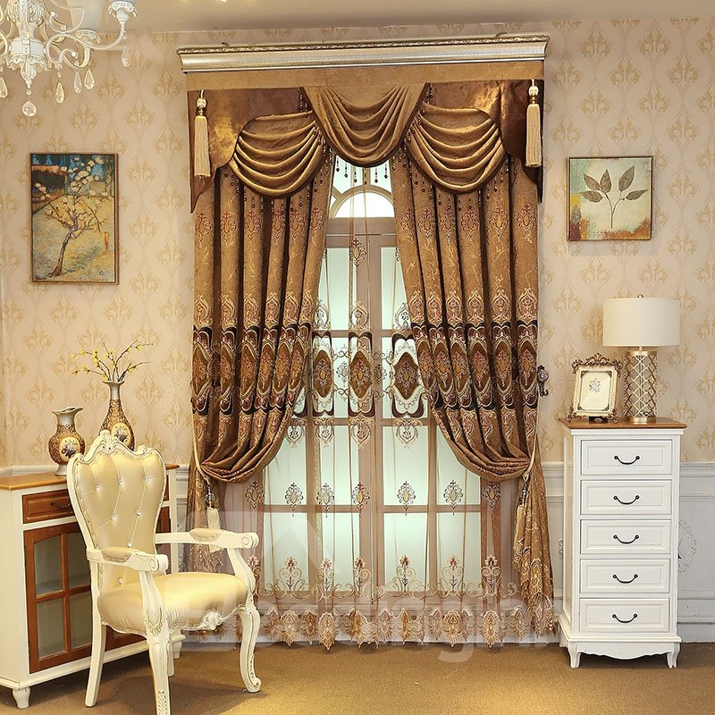Luxury Coffee color Embroidered Floral Royal Style Custom Sheer Curtains
