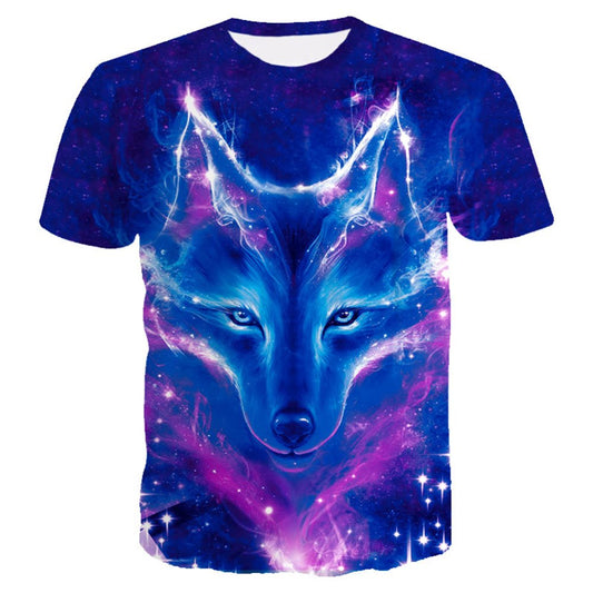 3D Wolf and Galaxy Print Casual Round Neck Short Sleeves Men's T-shirt with Comfortable Breathable Fabric