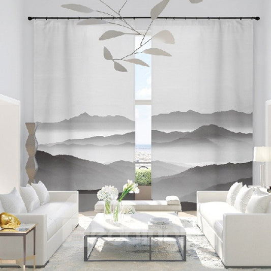 3D Printed Light Gray Color Simple Landscape Painting Custom Semi Blackout Curtains