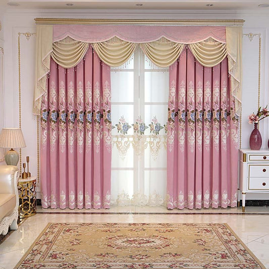 Pink Single Sided Cashmere Embroidered Floral Room Darkening Cotton Curtain Panels