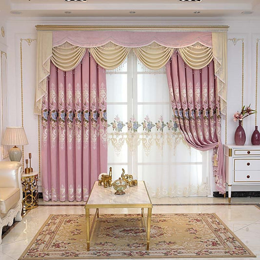Pink Elegant Embroidered Floral Decorative Custom Sheer Curtains