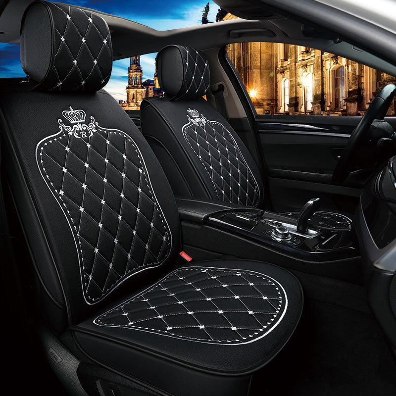 5 Asientos Estilo Princesa Patrón de Corona Material de Lino Fundas de Asiento de Ajuste Universal Elegantes y Lujosas de Alta Gama para Auto Camión Van SUV 