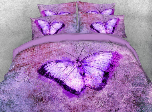 Lila Schmetterling, 4-teiliges Bettbezug-Set, 3D-Bettwäsche, ultraweicher Bettbezug mit Reißverschluss und Eckbändern, 2 Kissenbezüge, 1 Bettlaken, 1 Bettbezug, hochwertige Mikrofaser 