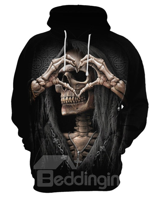 Sudadera con capucha pintada en 3D de poliéster de manga larga con calavera de estilo casual