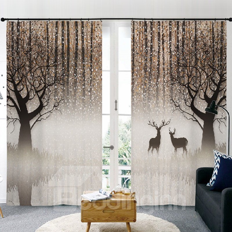 Modern Style Elk and Forest 3D Painted Decorative Semi-blackout Custom Curtains
