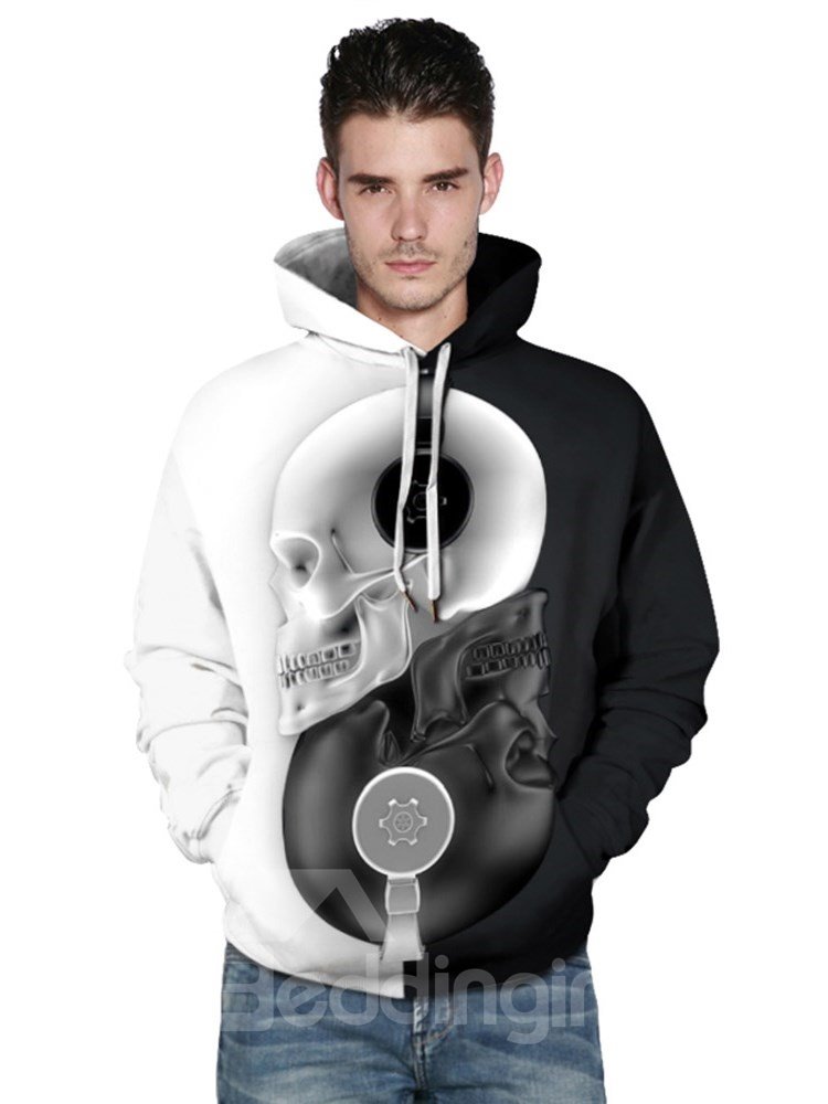 Long Sleeve Pullover Black and White Skull Hooded Men's Hoodies