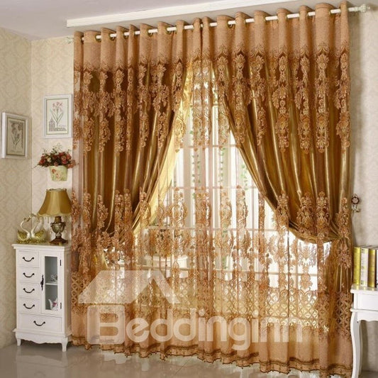 European Style Coffee Heat Insulation Plant Embroidered Sheer
