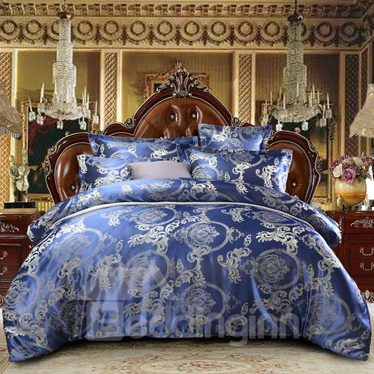 Blauer Jacquard im königlichen Stil, hautfreundliche, glatte 4-teilige Polyester-Bettwäsche-Sets, luxuriöses, seidiges Bettbezug-Set für Doppelbetten/Queen-Size-Betten mit rutschfesten Bändern 