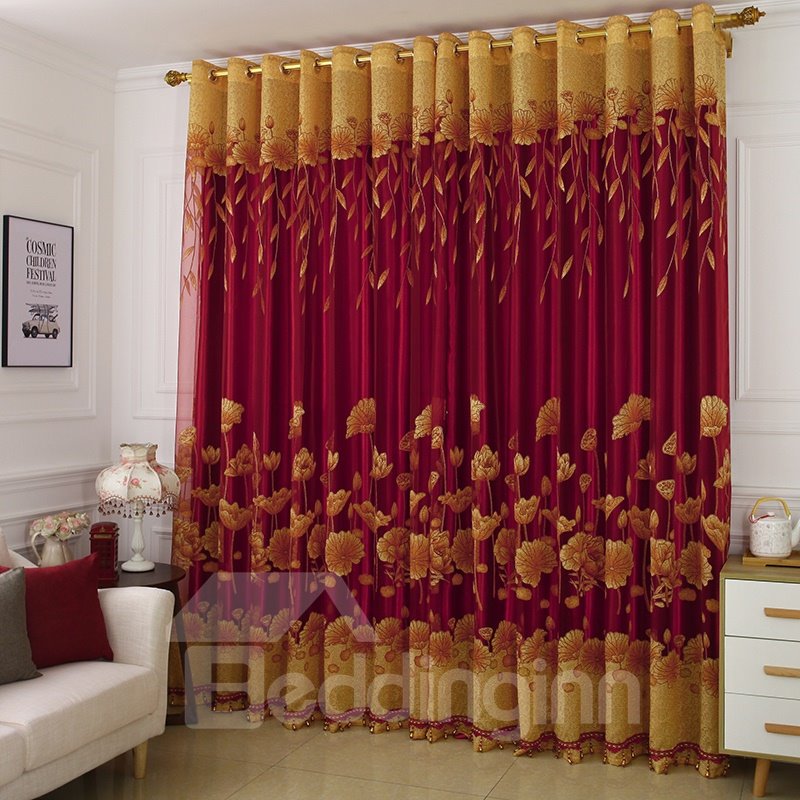 Lujosas y elegantes cortinas opacas florales bordadas y desgastadas 