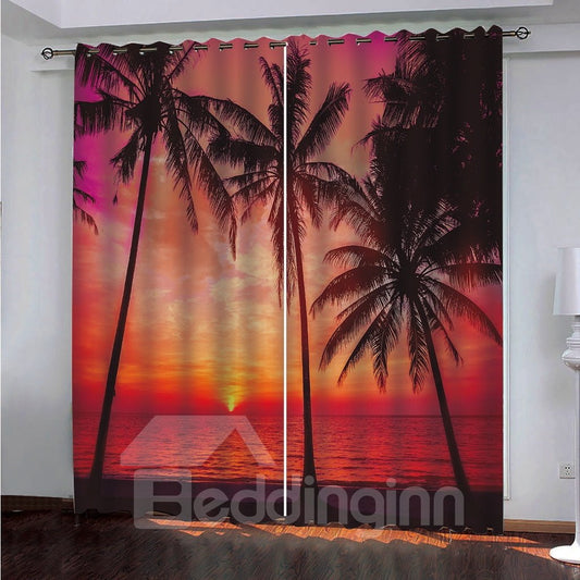 Hermosas cortinas opacas personalizadas con estampado 3D de árboles de coco y brillo de puesta de sol 
