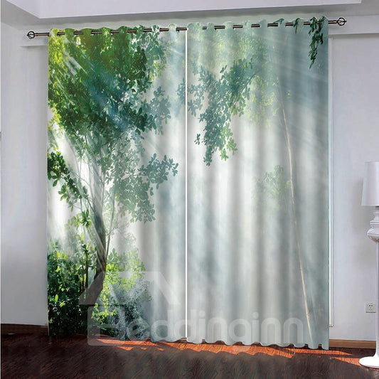 3D Blackout Green Scenery Ready Made Curtains Blue Trees with Morning Sunlight Printed Good Shading Effect and Anti-ultraviolet Radiation No Pilling No Fading No off-lining