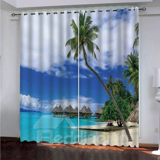 Blauer Himmel, weiße Wolke, Meer, Strand, 3D-gedruckte Polyester-Verdunkelungsvorhänge 