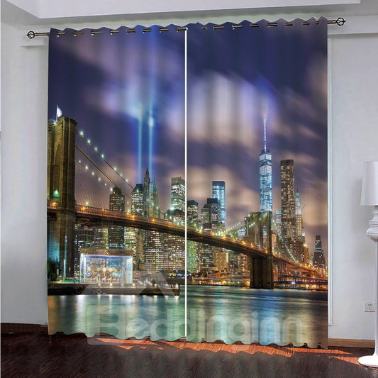 Cortinas de salón personalizadas decorativas opacas 3D con paisaje nocturno de hermosos edificios de ciudad bulliciosa 