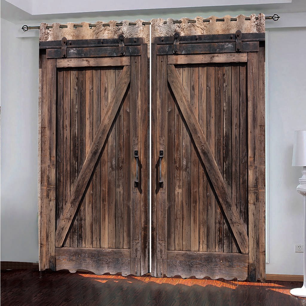 Cortinas opacas personalizadas de poliéster decorativas con puerta de Granero de madera antigua 3D para sala de estar y dormitorio 