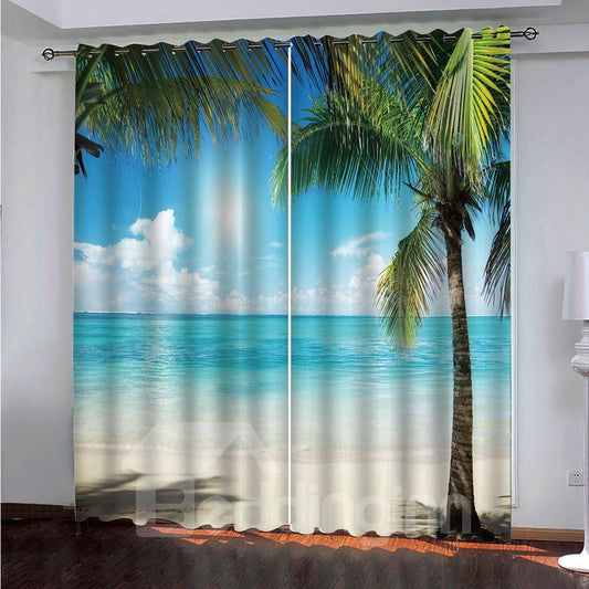 Cortinas decorativas personalizadas con estampado de palmeras de coco y playa junto al mar de día soleado en 3D 