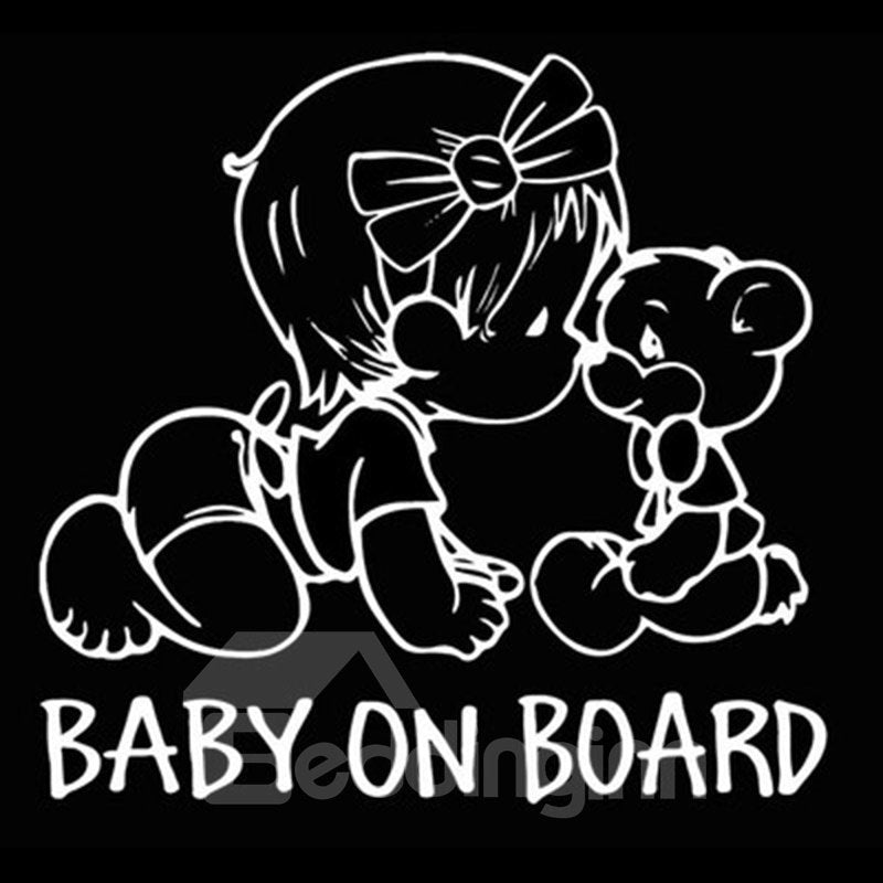 Cartoon-Stil Baby Mädchen und Teddybär PET Warnschild Autoaufkleber