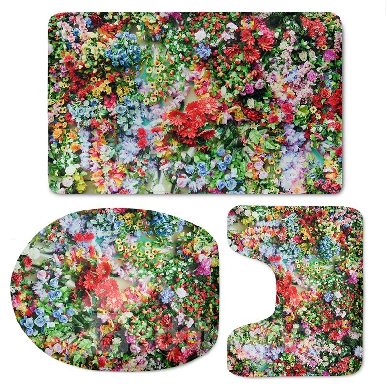Flowers Pattern 3-Piece Flannel PVC Soft Water-Absorption Anti-slid Toilet Seat Covers
