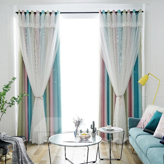 Romantic Style Cloth and Voile Sewing Together Star Hollowed-out Blackout Curtains