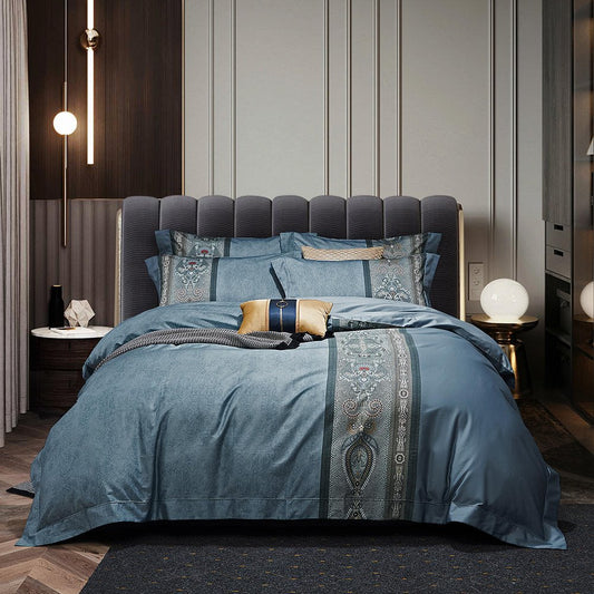 Juego de funda nórdica de lujo moderno de 4 piezas, juego de cama de algodón y nailon de alta calidad azul, 1 funda nórdica, 1 sábana plana, 2 fundas de almohada, suave, cómodo y duradero 