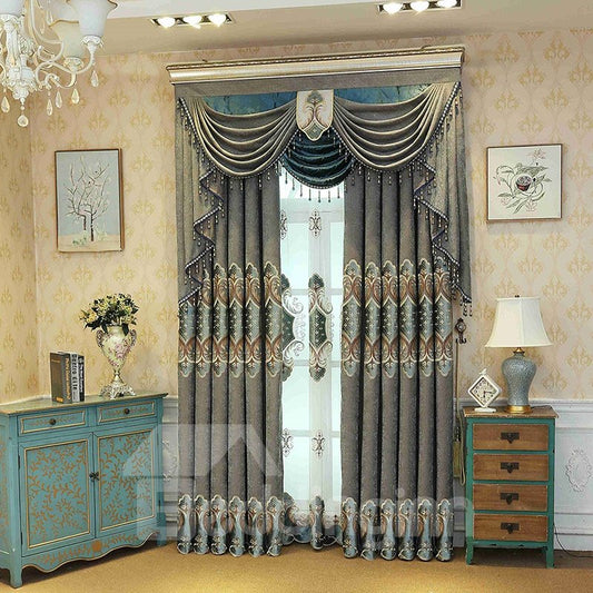 Cortinas personalizadas opacas con 2 paneles florales bordados de estilo lujoso y europeo 