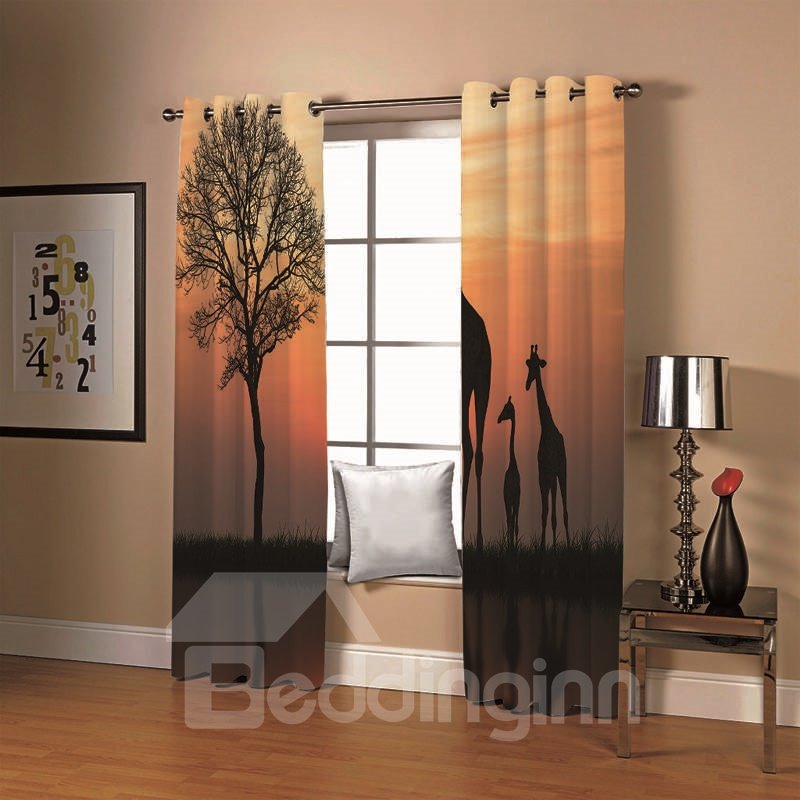 Dusk Scene Sunset Giraffe Family Printed 2 Panels 3D Animal Print Curtains