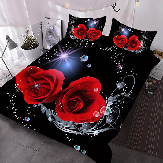 Juego de cama de 3 piezas con edredón 3D de rosas rojas románticas con 2 fundas de almohada, microfibra suave y cálida, color negro 