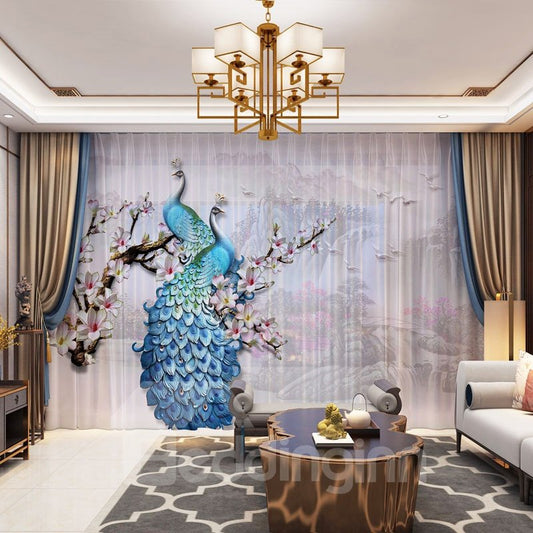 3D Rural Style Peacock and Wintersweet Printed Decorative 2 Panels Custom Sheer