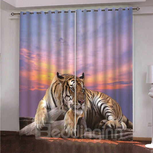 Cortinas opacas con estampado de animales en 3D, fantásticas con estampado de tigre y puesta de sol púrpura 