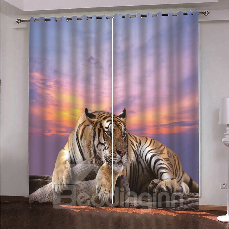 Tiger and Purple Sunset Printed Fantastic Blackout 3D Animal Print Curtains