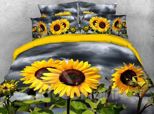 Elegante gelbe Sonnenblumen 3D-gedrucktes 4-teiliges Blumen-Bettwäsche-Set/Bettbezug-Set aus Mikrofaser 