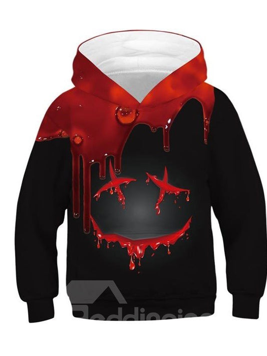 Halloween Bloque de color negro y rojo Sangre 3D Pintado Manga larga Grueso Bolsillo frontal Sudaderas con capucha para niños