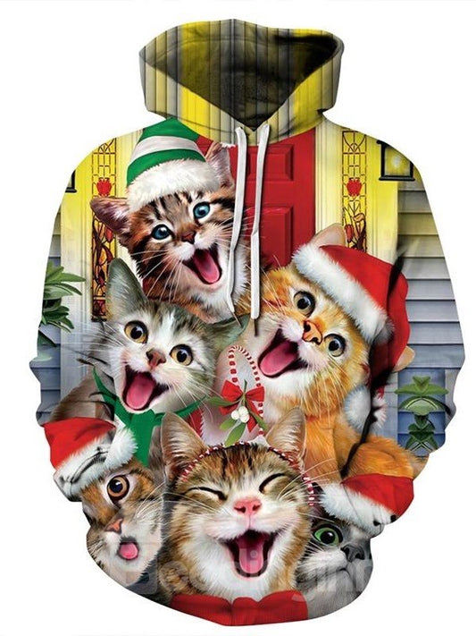 Langärmliger Kapuzenpullover mit weihnachtlichem, fröhlichem Katzenmuster, 3D-gemalt 