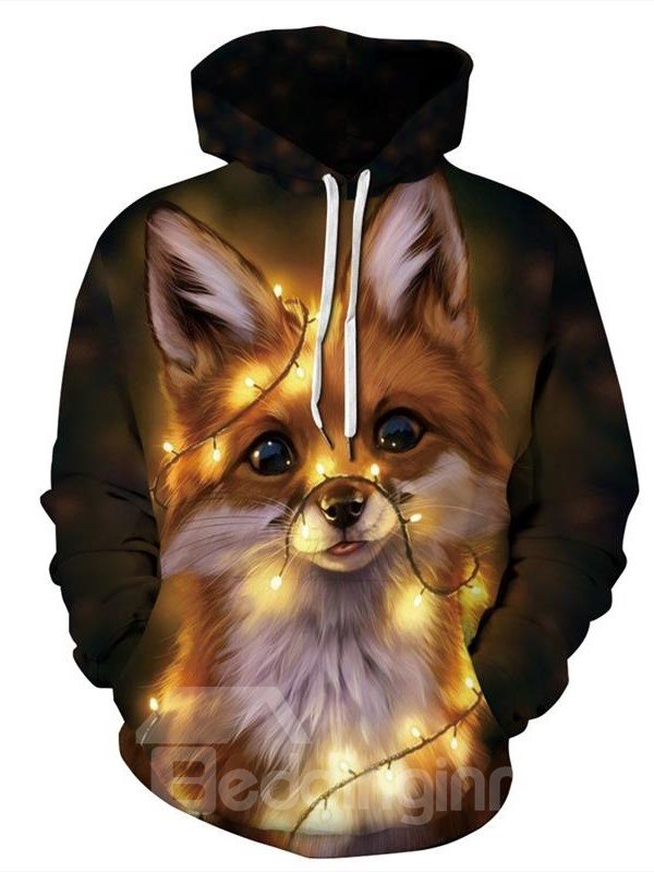 Womens Mens Ugly Christmas Sweater Funny Fox Hoodie 3D Digital Print Hooded Sweatshirts with Pockets